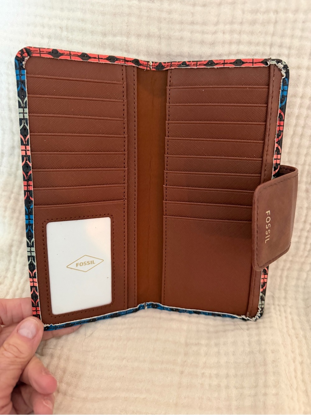 Fossil Saffiano Madison Geometric Wallet with Brown Leather Snap NWOT - Picture 5 of 7